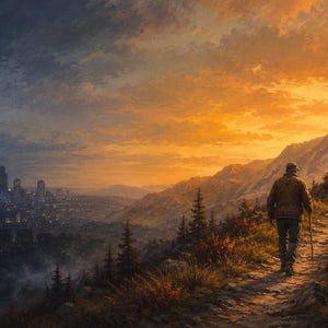 May include: A digital painting depicting a person walking along a mountain path toward a rustic cabin at sunset. To the left, a sprawling city skyline is visible under a dark, cloudy sky, while the right side shows mountains and golden light.