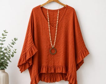Tuniektop met bohomouwen, oversized blouse met V-hals, soepel vallende pasvorm