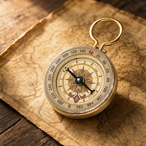 May include: A round brass compass featuring a circular dial with black degree markings from 20 to 340, cardinal directions, and a central needle. The compass includes a top ring for attachment and rests on a textured, aged paper map background.