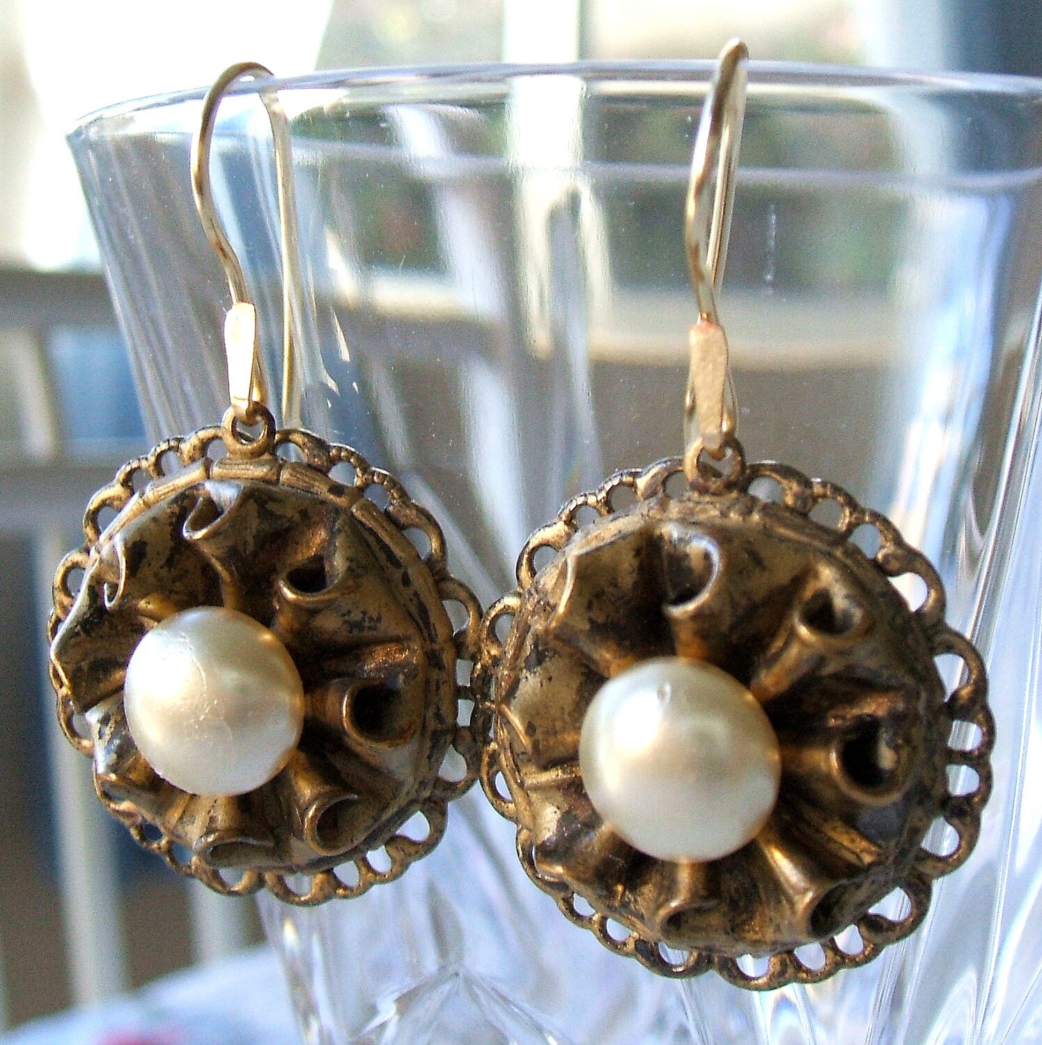 Vintage button earrings Faux pearl and filigree earrings Etsy