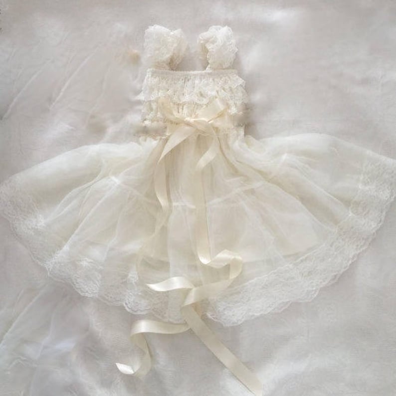 Ivory Lace Flower Girl Dress /& Christening Wedding Baptism Bridesmaid Country Ruffle Dress Rustic Chiffon Flower Girl