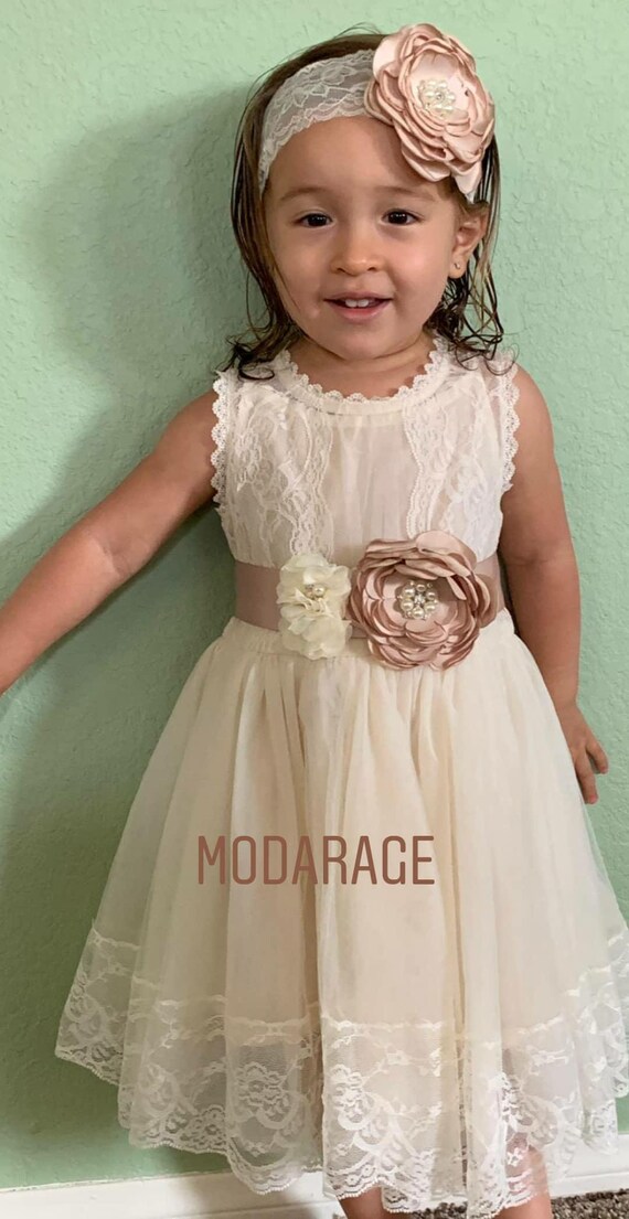 3pcs Set Champagne Ivory Flower Girl Dress Rustic Flower Girl Dress Country Flower Girl Dress Beach Wedding Flower Girl