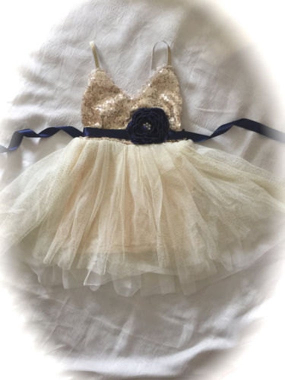 cream and navy flower girl dress