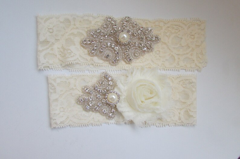 Wedding Garter Set Pearl and Rhinestone Garter Set on a Ivory Lace Garter Set with Pearl & Rhinestone image 1