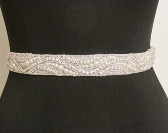 SAMPLE SALE Wedding Belt, Bridal Sash Belt - Crystal Pearl Wedding Sash Belt Style SBP1099.