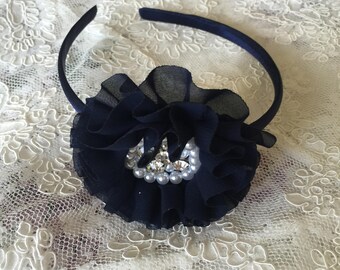 Navy Blue Flower Headband, Nautical Wedding, School Uniform, Navy Rhinestone Organza Flower Girls Hard Headband, Everyday Headband for Girls