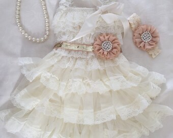 Ivory Champagne flowers , flower girl dress, Gold sequin belt- Necklace- Headband -lace baby dress, rustic flower girl dress.