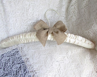 SALE Burlap and white or Ivory Satin wedding hanger Style # HG 3024