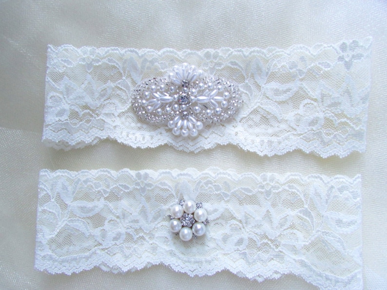 Crystal Rhinestone applique on a white stretch Lace SALE Bridal Garter Set