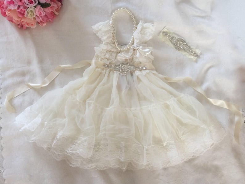 Ivory Lace Flower Girl Dress /& Christening Wedding Baptism Bridesmaid Country Ruffle Dress Rustic Chiffon Flower Girl