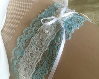 Bridal Garter- Toss garter-  Light blue/ IVORY  stretch Lace