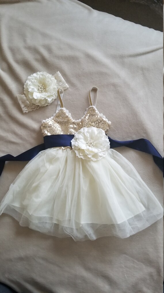 cream and navy flower girl dress