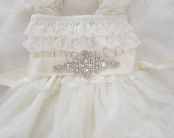 Lace Flower Girl Dress & Applique Rhinestones SASH Christening Wedding Baptism Bridesmaid Country Ruffle Dress Rustic Chiffon Flower Girl