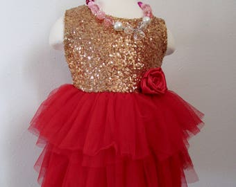 Red Gold Baby Dress, Birthday Dress, Baby Photo Prop, Valentines Day Dress, Baby Pageant Dress, Cake Smash Dress, Wedding Dress