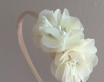 SALE Ivory headband, girls cream headband, satin headband, flower girl headband, hard headband, ivory wedding headband, chiffon headband