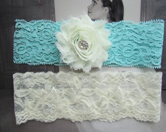 Garters, Garter Set, Garter Set Wedding, Aqua and White Garter, Something Blue, Throw Away Garter, Bridal Garter, Lace Garter Set