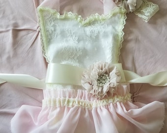 Cream / Ivory Tan flowers Lace Romper Sash and Headband-Baby girls lace romper- 1st Birthday romper-Cake Smash outfit-Baby Girl Clothes