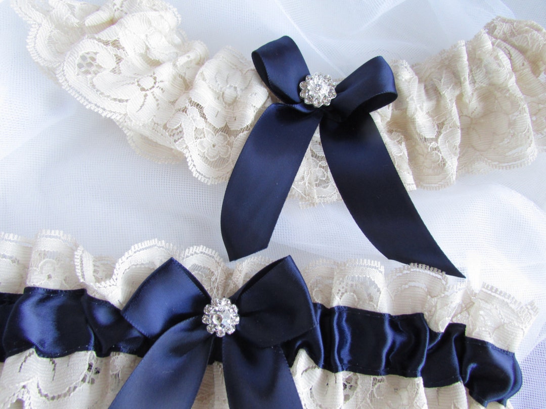 Wedding Garter Set Ivory Lace and Navy Blue Bridal Garter Set - Etsy