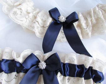 Wedding Garter Set Ivory Lace And Navy Blue Bridal Garter Set With metal Rhinestone Style# GS0068