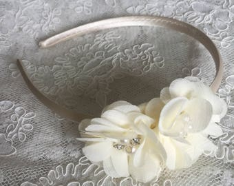 Ivory headband, girls cream headband, satin headband, flower girl headband, hard headband, ivory wedding headband.