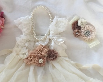 Lace Flower Girl Dress & Flowers SASH, Brown/Ivory champagne flowers Christening Wedding, Country Ruffle Dress Rustic Chiffon Flower Girl