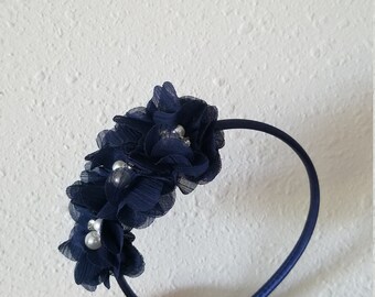 SALE Navy blue/ headband, girls headband, satin headband, flower girl headband, hard headband, chiffon headband girls
