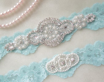 Wedding Garter Set, Bridal Garter Set, Vintage Wedding,Aqua  Blue Stretch Lace Garter, Crystal Garter Set