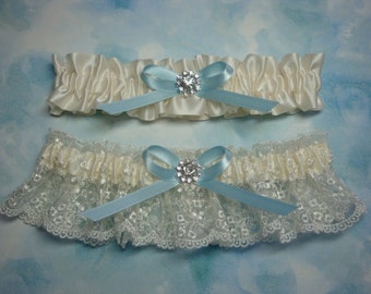 SALE Lace Garter with blue bow - something blue garter-White or Ivory