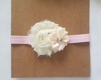 Baby headband, Pink/ Ivory flowers   Headband, girls headband, Shabby Chic Flower Headband, Baby Girl Headband, Newborn Headband