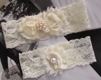 Non slip Grip Garter Set - Pearl and Rhinestone Garter Set on a Ivory Lace Garter Set -