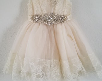 2pcs SET/Ivory Flower girl dress, rustic flower girl dress, country flower girl dress,Beach wedding flower girl