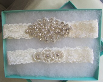 Wedding Garter, Bridal Garter, Garter Set - Crystal Rhinestone & Pearls on a Ivory Lace