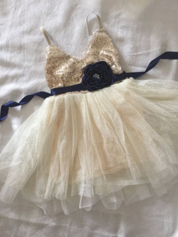 cream and navy flower girl dress