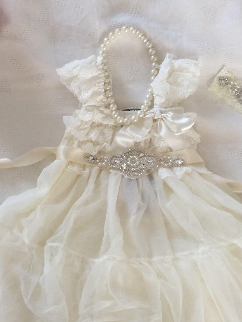 Ivory Lace Flower Girl Dress /& Christening Wedding Baptism Bridesmaid Country Ruffle Dress Rustic Chiffon Flower Girl