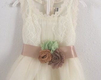 2 pcs SET Ivory/ cream Flower Girl Dress - Lace Flower girl dress -Baby Lace Dress