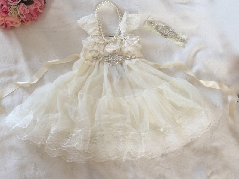 Ivory Lace Flower Girl Dress /& Christening Wedding Baptism Bridesmaid Country Ruffle Dress Rustic Chiffon Flower Girl