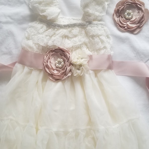 Lace Flower Girl Dress & Flowers SASH, Brown/Ivory champagne flowers Christening Wedding, Country Ruffle Dress Rustic Chiffon Flower Girl