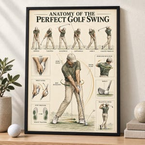 Puede incluir: Un póster instructivo enmarcado titulado Anatomy of the Perfect Golf Swing, que presenta ilustraciones detalladas de técnicas de golf, incluyendo agarre, bisagra de muñeca, presión del pie, rotación de hombros e impacto.