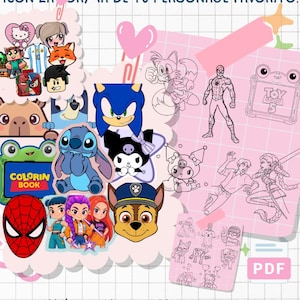 Puede incluir: Un pack de libro para colorear digital con ilustraciones de personajes de dibujos animados como Sonic, Stitch, Spider-Man y Paw Patrol. La imagen muestra pegatinas coloridas y páginas de arte lineal con el texto PACK LIBRITO PARA COLOREAR ¡CON LA FORMA DE TU PERSONAJE FAVORITO! y ARCHIVO DIGITAL LISTO PARA IMPRIMIR.