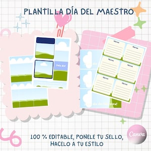 May include: A digital template for Teacher's Day featuring two printable sheets with a sky and grass landscape design. One sheet includes blank note sections labeled 'Notas', while the other contains rectangular frames. Text includes 'PLANTILLA DÍA DEL MAESTRO', 'Feliz día!', 'Notas', and '100% EDITABLE, PONELE TU SELLO, HACELO A TU ESTILO'.