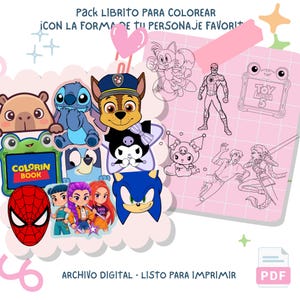 Puede incluir: Un paquete de libro para colorear digital con varias ilustraciones de personajes de dibujos animados, incluyendo Stitch, Chase de Paw Patrol, Sonic y Spider-Man. La imagen incluye el texto PACK LIBRITO PARA COLOREAR CON LA FORMA DE TU PERSONAJE FAVORITO y ARCHIVO DIGITAL LISTO PARA IMPRIMIR.
