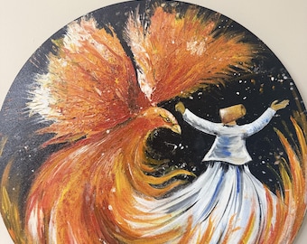 Pintura acrílica original de Phoenix Whirling Dervish / Lienzo redondo texturizado de arte espiritual