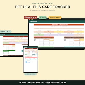 May include: A digital pet health and care tracker template for Google Sheets and Excel, displayed on a laptop, tablet, and phone. The dashboard features sections for vaccine alerts, key metrics, and grooming tasks with a multi-pet layout.