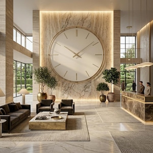 May include: A large, circular wall clock with a cream face and thin gold hands mounted on a beige marble wall in a hotel lobby. The space features a dark brown sofa, two armchairs, a marble coffee table, and potted trees on a marble floor.