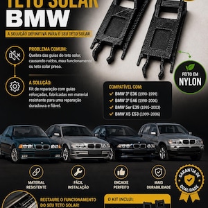 May include: A black nylon sunroof repair kit for BMW vehicles, featuring two replacement guide clips. The graphic includes text detailing compatibility with BMW 3 Series E36, E46, 5 Series E39, and X5 E53 models, alongside images of these four cars.