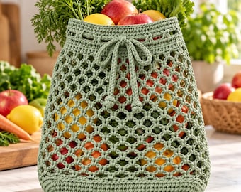 Patrón PDF para bolsa de ganchillo para frutas y verduras – Malla reutilizable con cordón, 3 tamaños, términos estadounidenses