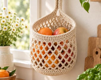 Patrón de cesta colgante de ganchillo para frutas y verduras, ideal para la cocina o para principiantes (descarga en PDF)
