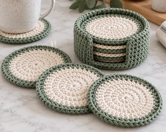 Patrón para juego de posavasos de ganchillo, verde salvia y crema, apto para principiantes (PDF)