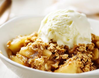 Tarjeta imprimible con receta de crumble de manzana, receta fácil de postre otoñal