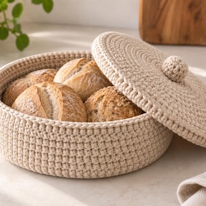 Op de afbeelding: Een ronde, beige gehaakte mand met een bijpassend deksel voorzien van een centrale knop. De mand is gevuld met vier knapperige, goudbruine broodjes. De getextureerde, geweven constructie creëert een consistent patroon door de hele mand.